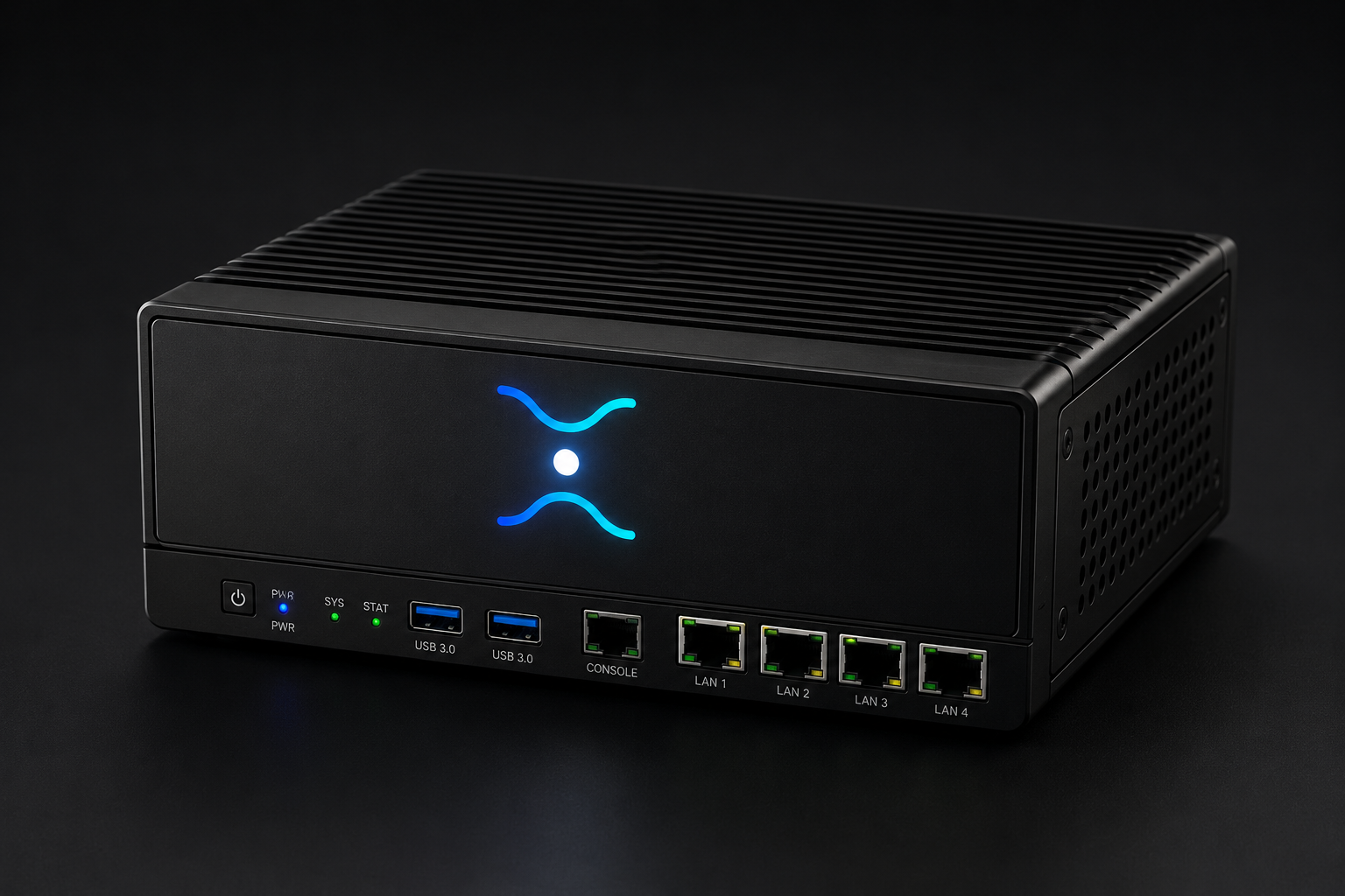 Founder-approved SafeNetis Edge reference appliance, black chassis with the blue and cyan SafeNetis symbol