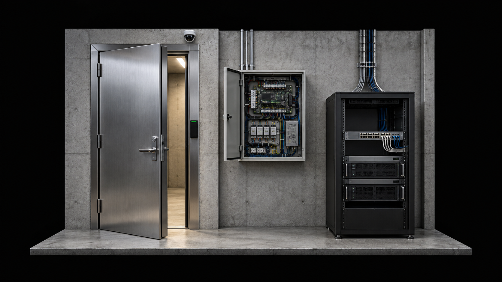 Illustrative secure entrance with door, badge reader, access controller, network switch, servers and camera